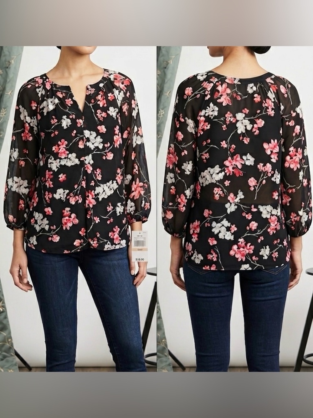 Apt. 9 Black Sheer Floral Split-Neck Blouse with Pink & White Blossoms